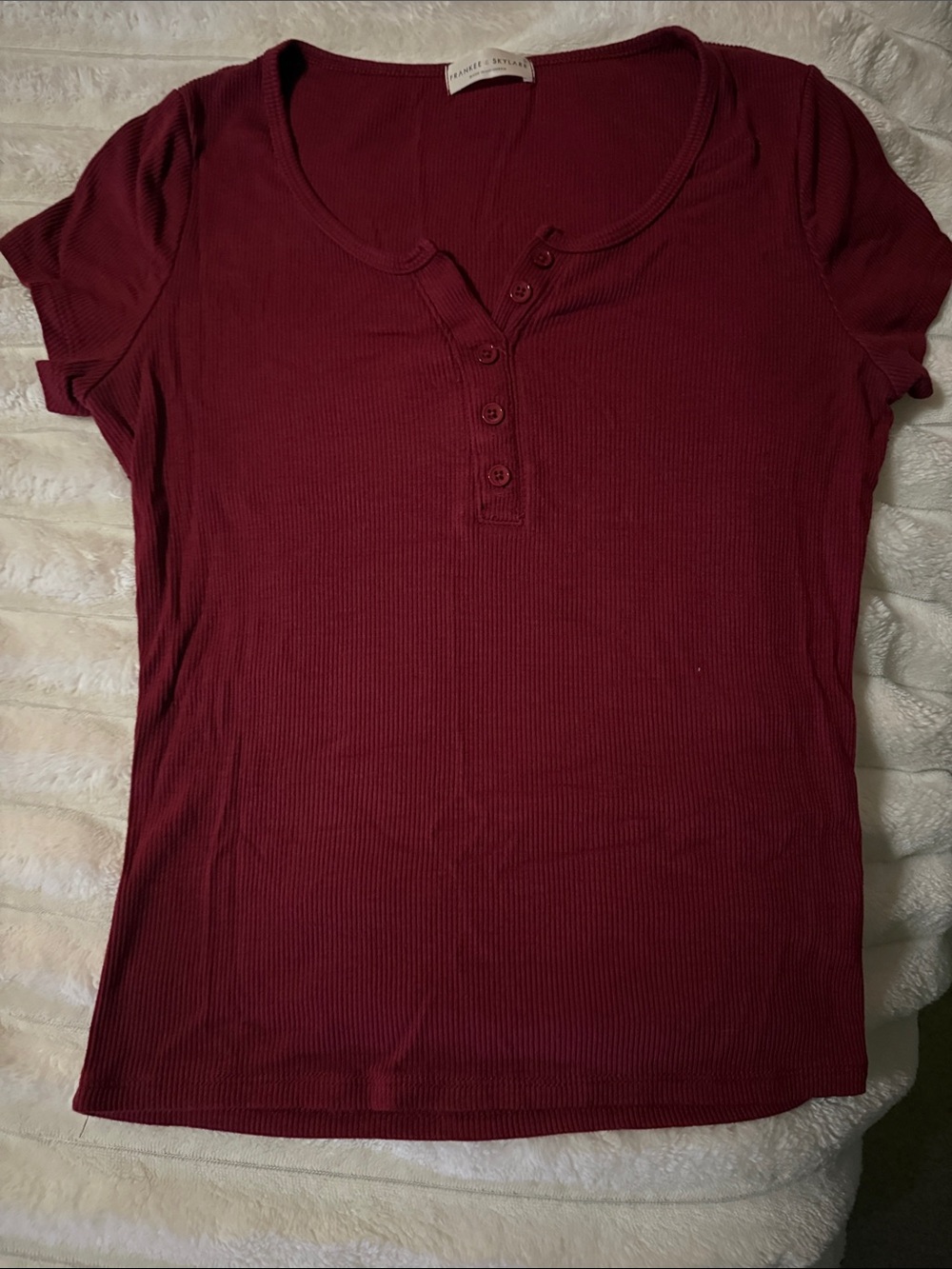 Crochet Henley Ribbed Short-Sleeve Top - Burgundy